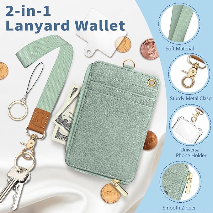 Lanyard Wallet with Id Badge Holder, Sage Green RFID Small Keychain Wallet Women Wristlet, Minimalist Zipper Credit Card Holder Phone Wrist Neck Strap for Key Name Tag, Teacher Office Gift