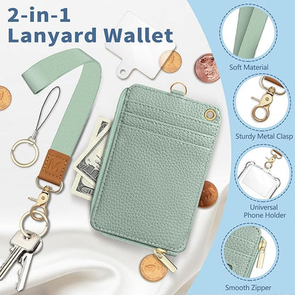 Lanyard Wallet with Id Badge Holder, Sage Green RFID Small Keychain Wallet Women Wristlet, Minimalist Zipper Credit Card Holder Phone Wrist Neck Strap for Key Name Tag, Teacher Office Gift
