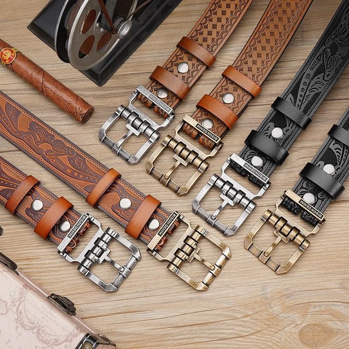 BISON DENIM Men's Genuine Leather Casual Belt, Classic Western Cowboy Dress Belts