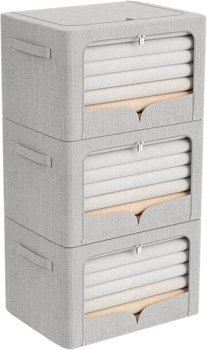 FHSQX 3 Pack Clothes Storage Bins Foldable Metal Frame Storage Box Extra Large Stackable Linen Fabric Organizer Set with Carrying Handles and Clear Window (Light Gray, 23.6x16.5x15.7inch(100L))
