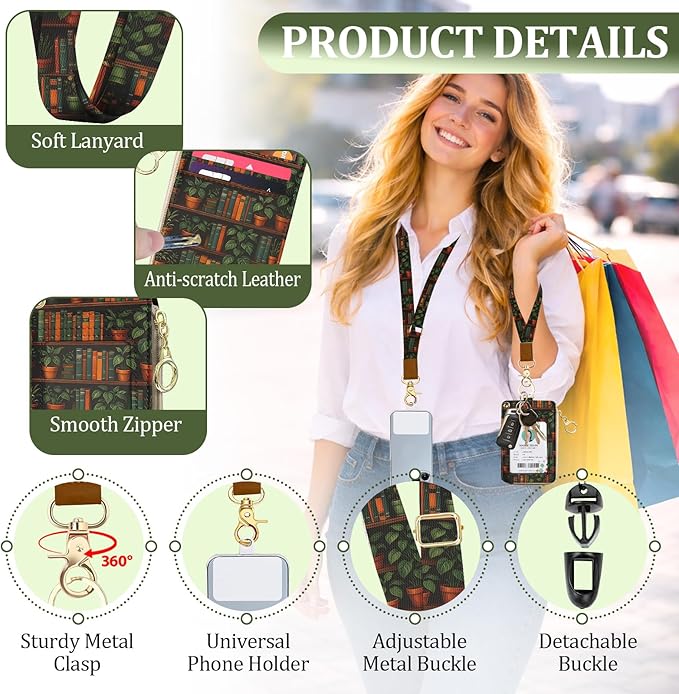 Bookshelf Plant Lanyard for Id Badges, RFID Credit Card Holder Wallet with Neck Lanyard Wristlet,PU Leather ID Case with Adjustable Lanyard Keychain for Women Teacher Student Nurse Office Gift