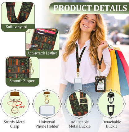 Bookshelf Plant Lanyard for Id Badges, RFID Credit Card Holder Wallet with Neck Lanyard Wristlet,PU Leather ID Case with Adjustable Lanyard Keychain for Women Teacher Student Nurse Office Gift
