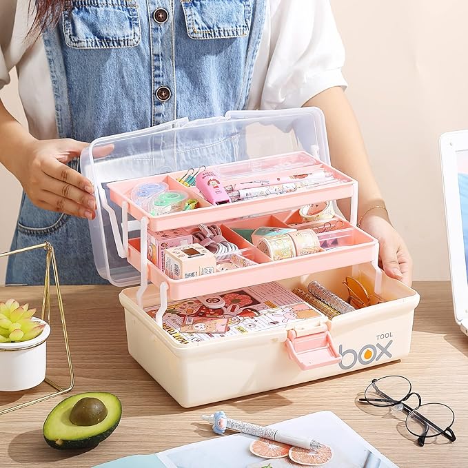 Kinsorcai 12'' Three-Layer Clear Plastic Storage Box/Tool Box, Multipurpose Organizer and Portable Handled Storage Case for Art Craft and Cosmetic (White)