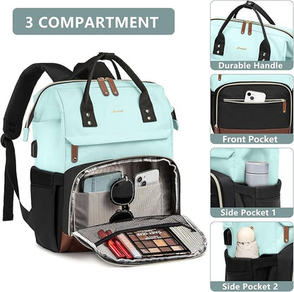 Laptop Backpack for Womem Work Bags: 15.6 Inch Travel BackPacks With USB Charging Port Durable Back Pack Anti Theft Fashion College BookBag Purse Bussiness Daypack for Nurse Teacher Light Blue Black