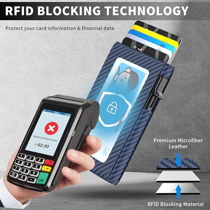 Wallet for Men Slim Minimalist Pop-up Smart Holds 5-6 Cards - RFID Blocking Metal with Money Clip, Credit Card Holder & ID Window,Business Card Cases, men accessories (Carbon Blue)