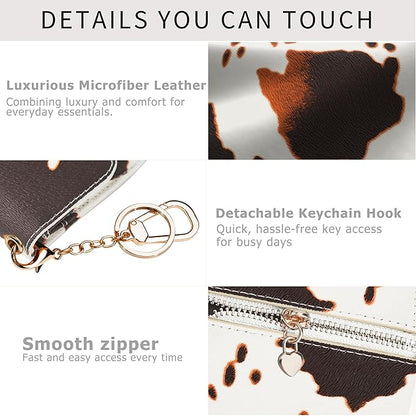Women Small Wallet RFID Blocking Slim Wallet with Coin Pocket Tri-Fold Credit Card Holder with ID Window and Keychain (Cow)
