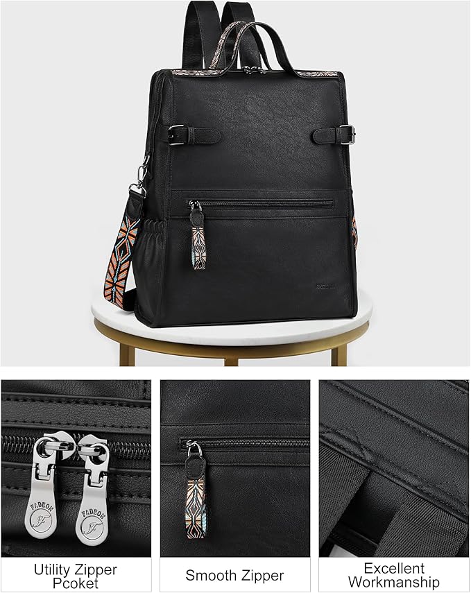 FADEON Leather Laptop Backpack for Women, Designer Ladies Work Travel Computer Backpack with Laptop Compartment Purse Black