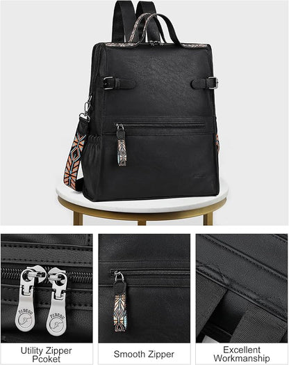 FADEON Leather Laptop Backpack for Women, Designer Ladies Work Travel Computer Backpack with Laptop Compartment Purse Black