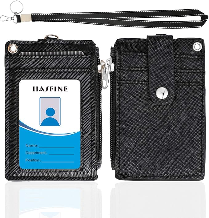 HASFINE ID Badge Holder with Lanyard,2 Sided 5 Card Slots ID Card Holder Wallet with PU Leather Zipper Pocket and Detachable Keychain Lanyard for Teens Men Women(Black)