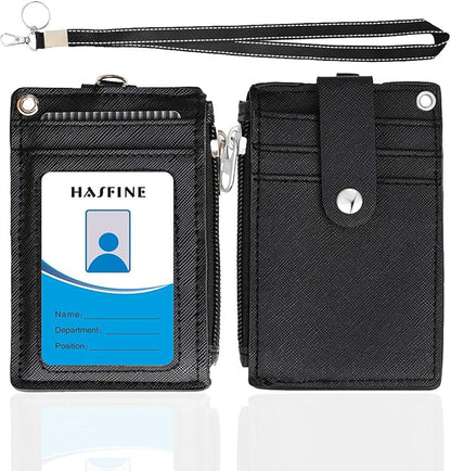 HASFINE ID Badge Holder with Lanyard,2 Sided 5 Card Slots ID Card Holder Wallet with PU Leather Zipper Pocket and Detachable Keychain Lanyard for Teens Men Women(Black)
