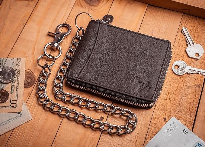 RFID Safe Leather Bi-fold Chain Wallet for Men Zip around Purse for Women Biker's Trucker YKK Metal Zipper Closure Filp up window ID (Brown with Chain)
