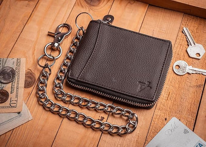 RFID Safe Leather Bi-fold Chain Wallet for Men Zip around Purse for Women Biker's Trucker YKK Metal Zipper Closure Filp up window ID (Brown with Chain)
