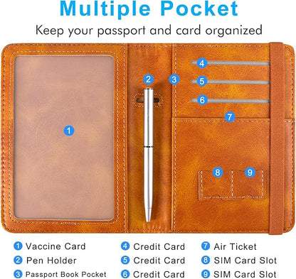 ACdream Passport and Vaccine Card Holder Combo, Cover Case with CDC Vaccination Card Slot, Leather Travel Documents Organizer Protector, with RFID Blocking, for Women and Men, C - Yellow & Plane, C