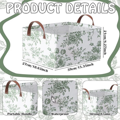 Boao 3 Pcs Sage Green Floral Storage Bin Collapsible Large Storage Baskets for Gifts Canvas Laundry Basket Foldable Box with Handle for Office Home Bedroom Clothes