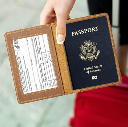 Genuine Leather Passport Holder with RFID Blocking, Slim Design, Brown Color, Unisex