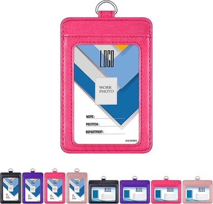 Badge Holder, Wisdompro 2-Sided PU Leather ID Badge Card Holder Wallet Case with 1 Clear ID Window and 1 Credit Card Slot and 22 Inch Quick Rlease Detachable Neck Lanyard Strap - Hot Pink (Vertical)