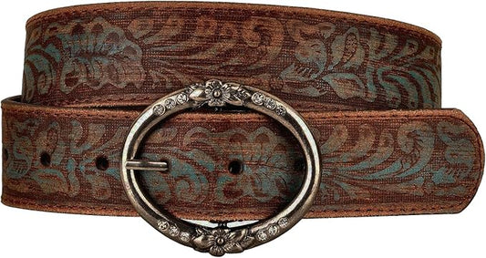 BC Belts Distressed and Embossed Brown Teal Leather Belt with Rhinestone Ring Buckle - Vintage Western Style for Women