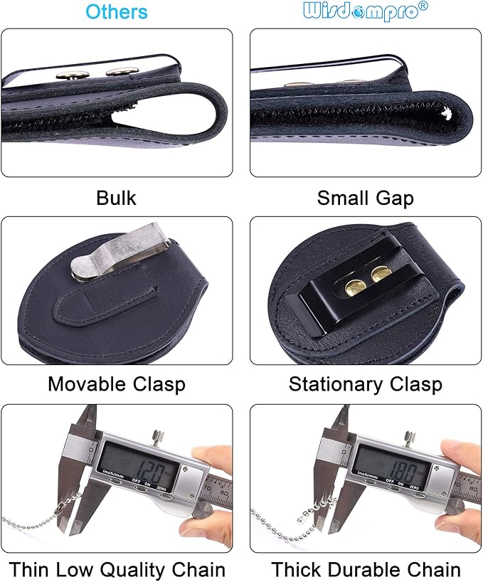 Wisdompro Police Badge Holder,Cowhide Leather Universal Police Badge Holder Pocket Case with Mn-Steel Belt Clip, Hook and Loop Closure and Stainless Bead Chain Necklace- Circle Shape