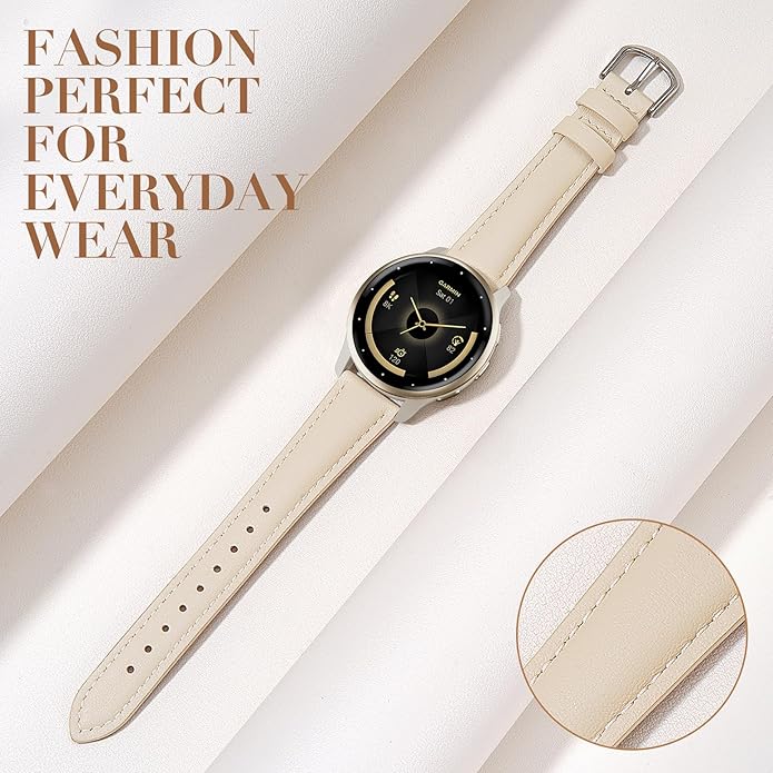 18mm Slim Leather Band Compatible with Garmin Venu 3S 41mm/Venu 4 41mm/Venu 2S/Vivoactive 4S/Vivomove 3S/Forerunner 255S/Forerunner 265S, Quick Release Thin Narrow Soft Strap for Women Men