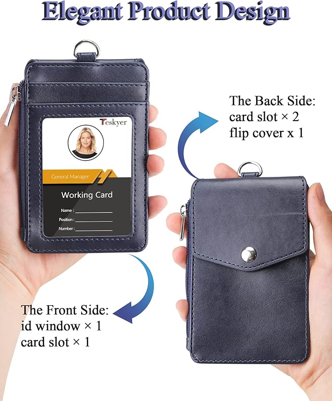 Teskyer Badge Holder with Side Zip Pocket, Multiple Card Slots Leather ID Holder Wallet with Neck Lanyard for Office Staffs, Teachers/Students, Couriers, Workers, Blue