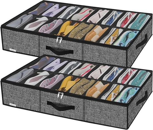 Onlyeasy Sturdy Under Bed Shoe Storage Solution Organizer For Closet Fit 16x2 Pairs, Underbed Shoes Container Bags with Reinforced Handles, Breathable, Linen-like Black, MXAUBS16P2