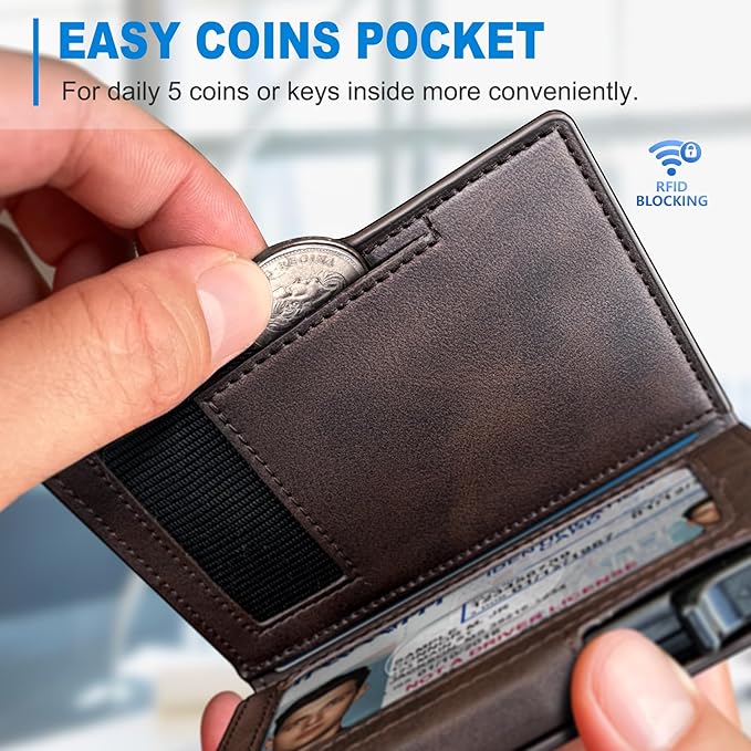 miyozi Wallet for Men, Magnetic Minimalist Slim Wallet with Pop Up Card Holder, 9 Cards RFID Blocking Metal Credit Card Case, Leather Wrapped Money Clip, ID Window & Small Item Slot, Gift Boxed