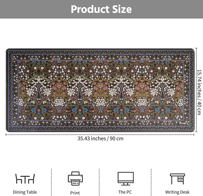 MOSISO Large Mouse Pad Gaming Mousepad, 35.43 x 15.74 inches Vintage Floral Cluster PU Leather Mousepad with Anti-Slip Base&Stitched Edges, Keyboard Pad Mouse Mat for Desktop/Office/Home, Black
