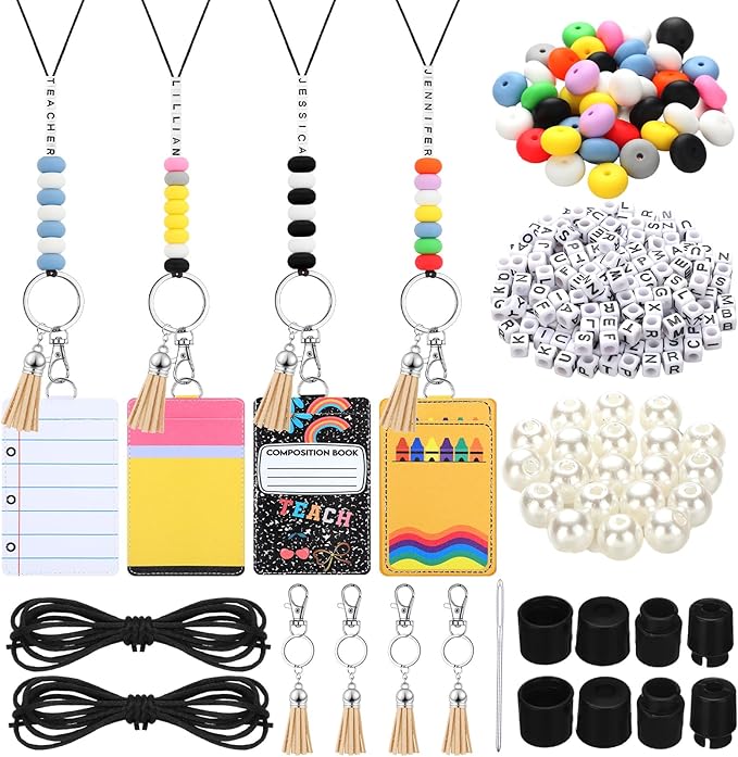 Gueevin 4 Sets/279 Pcs DIY Name Teacher ID Badge Holder with Lanyard Keychain Making Kit DIY Teachers Appreciation Gifts Cute Silicone Bead Lanyards Making for Teacher Office Graduation Supply Gifts