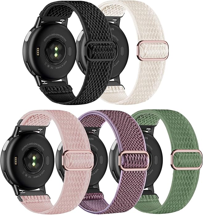 5 Pack Stretchy Nylon Watch Bands Compatible with Garmin Vivoactive 5/6/Forerunner 55/165,20mm Soft Elastic Fabric Adjustable Replacement Sport Straps for Garmin Venu Sq 2 Women Men