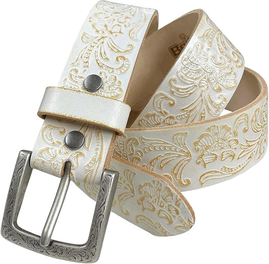 Cowboy Cowgirl Western Tooled Floral Embossed Full Grain Genuine Leather Belt Strap 1-1/2"(38mm) Wide