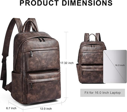 Vegan Leather Backpack for Women and Men, Fits 16.0 Inch Laptop, Multi-Pocket Design with Water Bottle and Luggage Strap, Ideal for Work, Travel, and Daily Use, Coffee