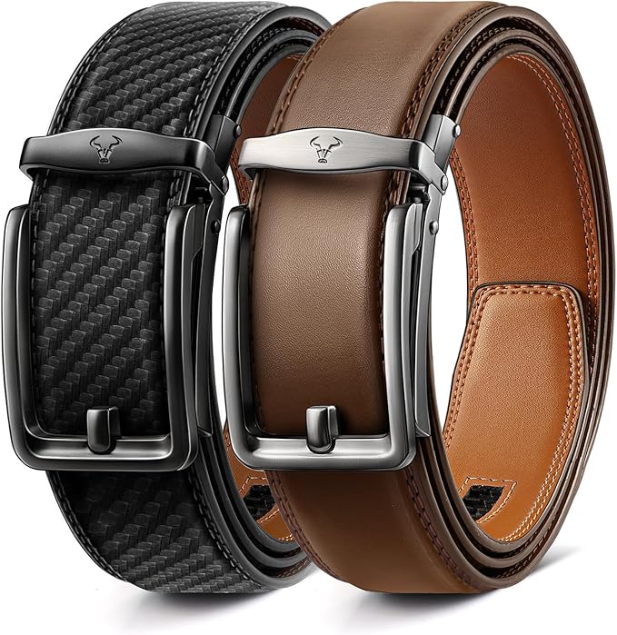 BULLIANT Men Ratchet Belt 2 Pack, Click Sliding Leather Belt Adjustable for Gift Men Dress Casual Jeans 1 3/8,Cut for Fit