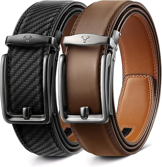 BULLIANT Men Ratchet Belt 2 Pack, Click Sliding Leather Belt Adjustable for Gift Men Dress Casual Jeans 1 3/8,Cut for Fit