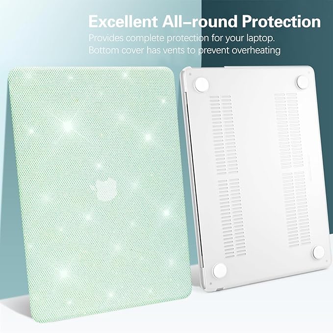 KEROM Bling Glitter Case for MacBook Pro 13 inch 2024-2016 M2 M1 A2338 A2289 A2251 A2159 A1989 A1706 A1708, Luxury Bedazzled Shiny Sparkle Glitter PU Leather Hard Shell Case & Keyboard Cover, Green
