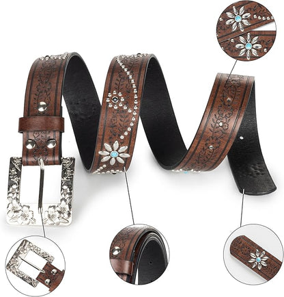 INOGIH Adjustable-Vintage-Western-Cowboy-Belt Women Men - Cowboy-Style Engraved-Buckle Belt for Jeans Pants Dresses