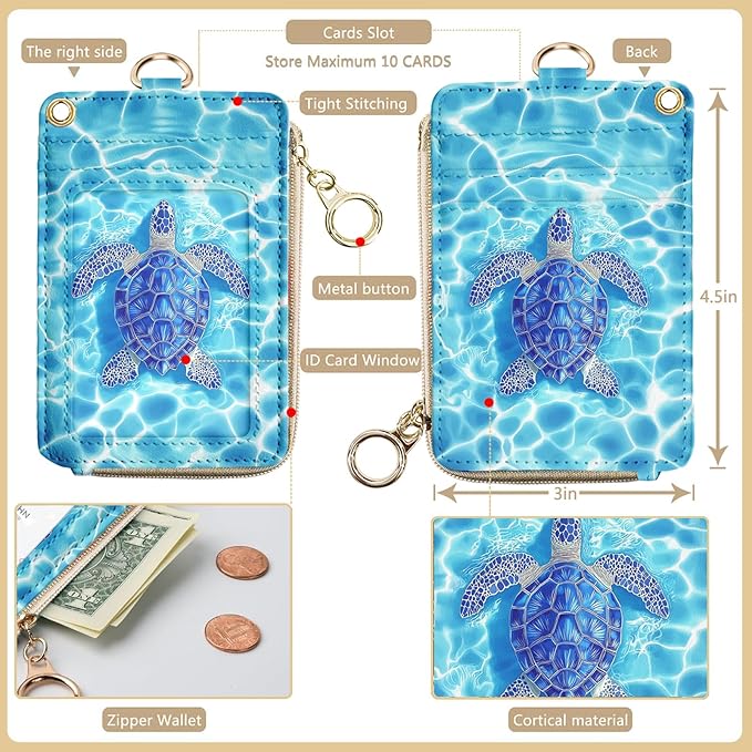 bolimoss Sea Turtle ID Badge Holder & Lanyard Wallet, Cute Leather Credit Card Holders with Removable Wristlet & Neck Lanyard, ID Name Badg 5 Card Slots Zipper Purses for Women Teacher