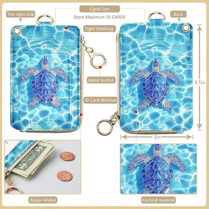 bolimoss Sea Turtle ID Badge Holder & Lanyard Wallet, Cute Leather Credit Card Holders with Removable Wristlet & Neck Lanyard, ID Name Badg 5 Card Slots Zipper Purses for Women Teacher