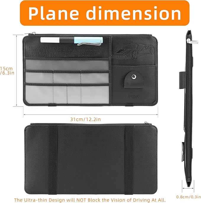 Leather Car Sun Visor Organizer for Cars, Trucks & SUVs: Features Sunglasses Holder, Secure Zipper Pockets, and 6 Clear Windows for Registration, Driver's License, and Insurance Card（black）