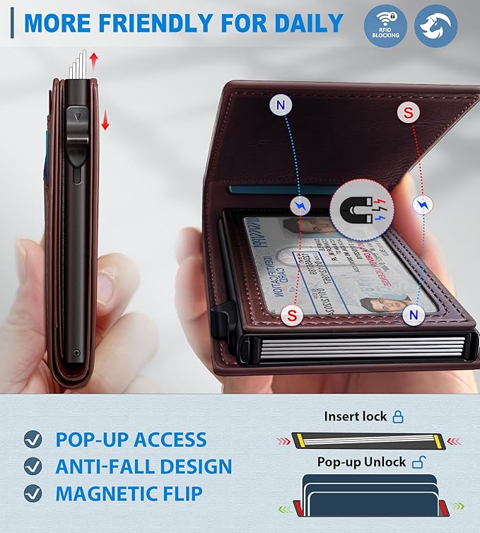 Wallet for Men, Slim Pop Up Card Holder with RFID Blocking, Minimalist Bifold Wallet with 9 Card Slots, ID Window and Cash Pocket, Metal Flip Case with Magnetic Closure, Gift Box