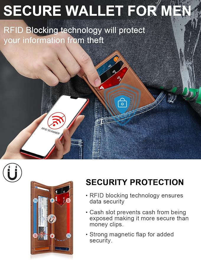ZALVEX Wallet for Men Slim Leather Wallets for 12-15 Cards, Minimalist Thin RFID Blocking Card Holder with Money Clip & ID Window, Small Bifold Front Pocket Wallet, Gifts for Men