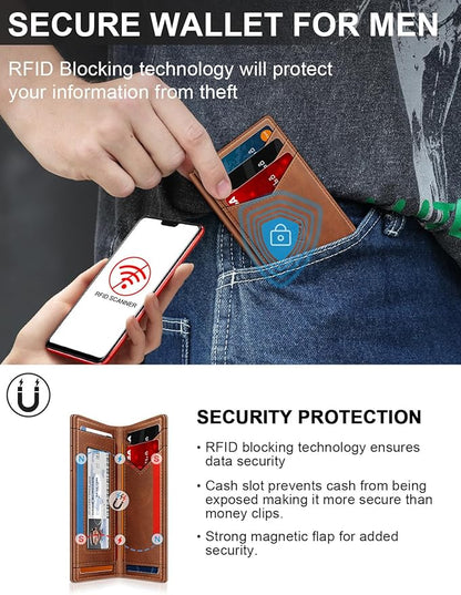 ZALVEX Wallet for Men Slim Leather Wallets for 12-15 Cards, Minimalist Thin RFID Blocking Card Holder with Money Clip & ID Window, Small Bifold Front Pocket Wallet, Gifts for Men