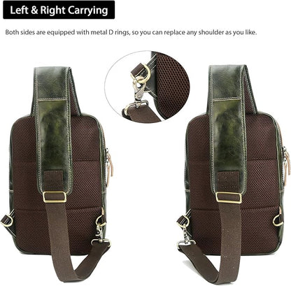 LANNSYNE Full Grain Leather Sling Bag For Men, Crossbody Chest Daypack Fits 10.5" iPad, Men’s Crossbody Bag