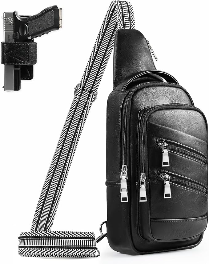 Conceal Carry Sling Bag - Virgan Leather Sling Backpack Fanny Pack Crossbody Chest Bags with Holster&Guitar Strap…