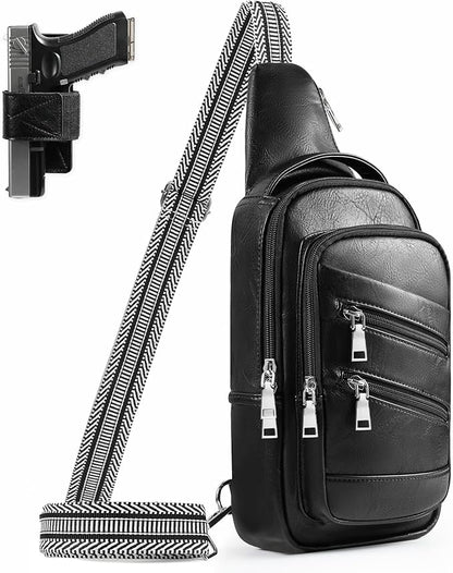 Conceal Carry Sling Bag - Virgan Leather Sling Backpack Fanny Pack Crossbody Chest Bags with Holster&Guitar Strap…