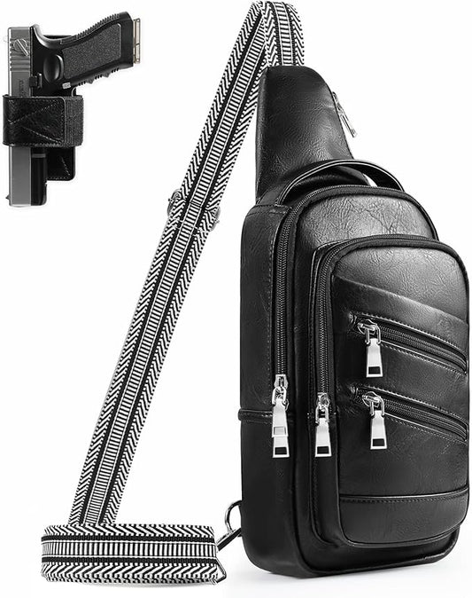 Conceal Carry Sling Bag - Virgan Leather Sling Backpack Fanny Pack Crossbody Chest Bags with Holster&Guitar Strap…