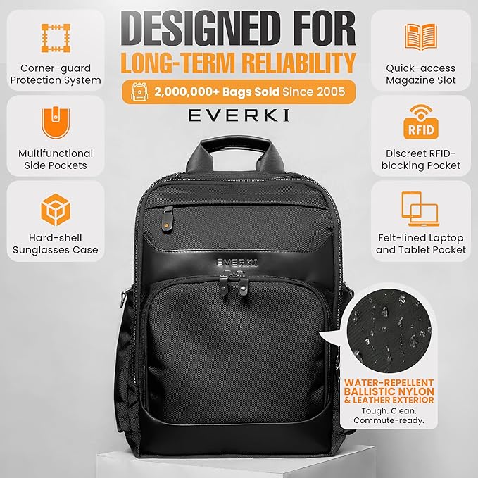 EVERKI Onyx 25L Business Laptop Backpack – Professional Travel Backpack for Men & Women, Laptop Bag with Premium Leather Ballistic & Nylon, Office & Flight Approved, Fits Laptops up to 15.6” - Black