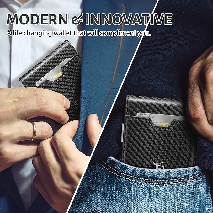 GSOIAX Men's Slim RFID Blocking Leather Wallet with Money Clip Minimalist Carbon Fiber Bifold Credit Card Holder 11 Card Slots Gift Box Included(Carbon Pink)
