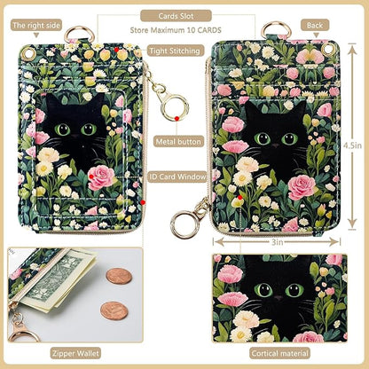 2-in-1 ID Badge Holder & Lanyard Wallet Cute Women Leather Zip ID Case Wallet with Breakaway Wrist Neck Lanyard, Clear Window, 5 Card Slots, Ring Keychain for Worker Teacher Floral Halloween Black Cat