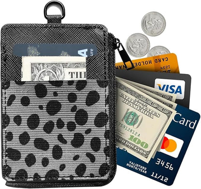 2-in-1 ID Badge Holder & Elastic Card Holder Wallet,Minimalist Men & Women Zip Card Holder Wallet with Neck Lanyard,3 Card Slots and 1 Side Zipper Pocket (Black-Cow)