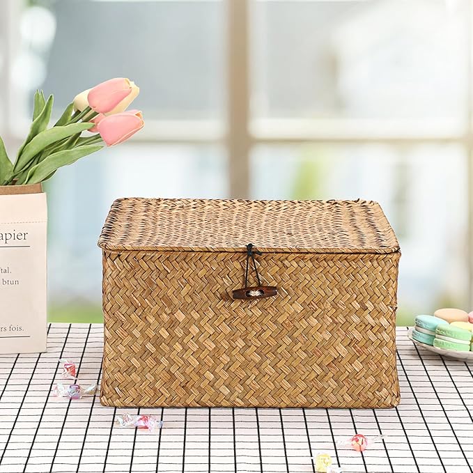 Hipiwe Handwoven Seagrass Basket Bin Square Household Storage Container with Lid Wicker Shelf Basket Bin for Bookshelf Living Room Bath Room, Large Caramel
